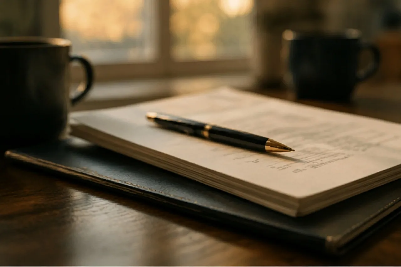 An editorial still life of an open leather journal and fountain pen by a window