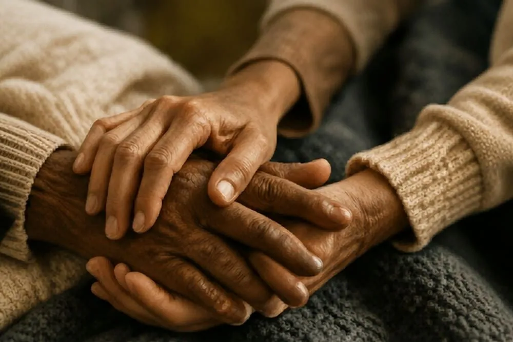 A younger hand gently clasping an elder's hands