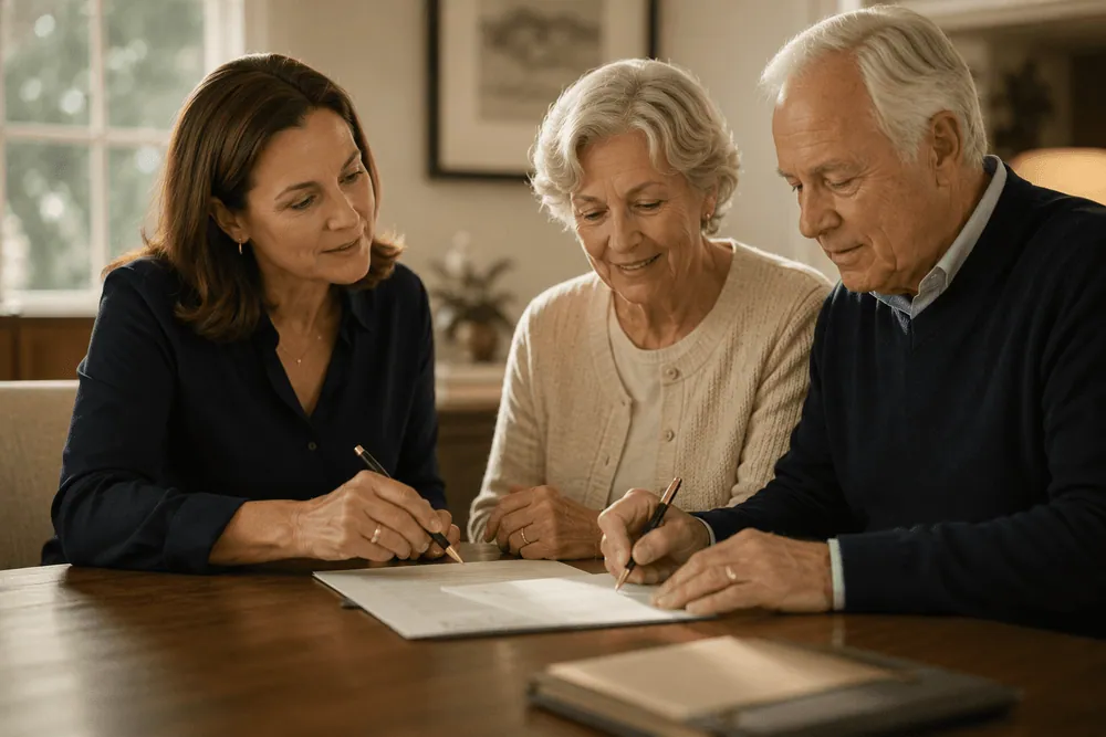 An attorney reviewing estate documents with an older couple at home