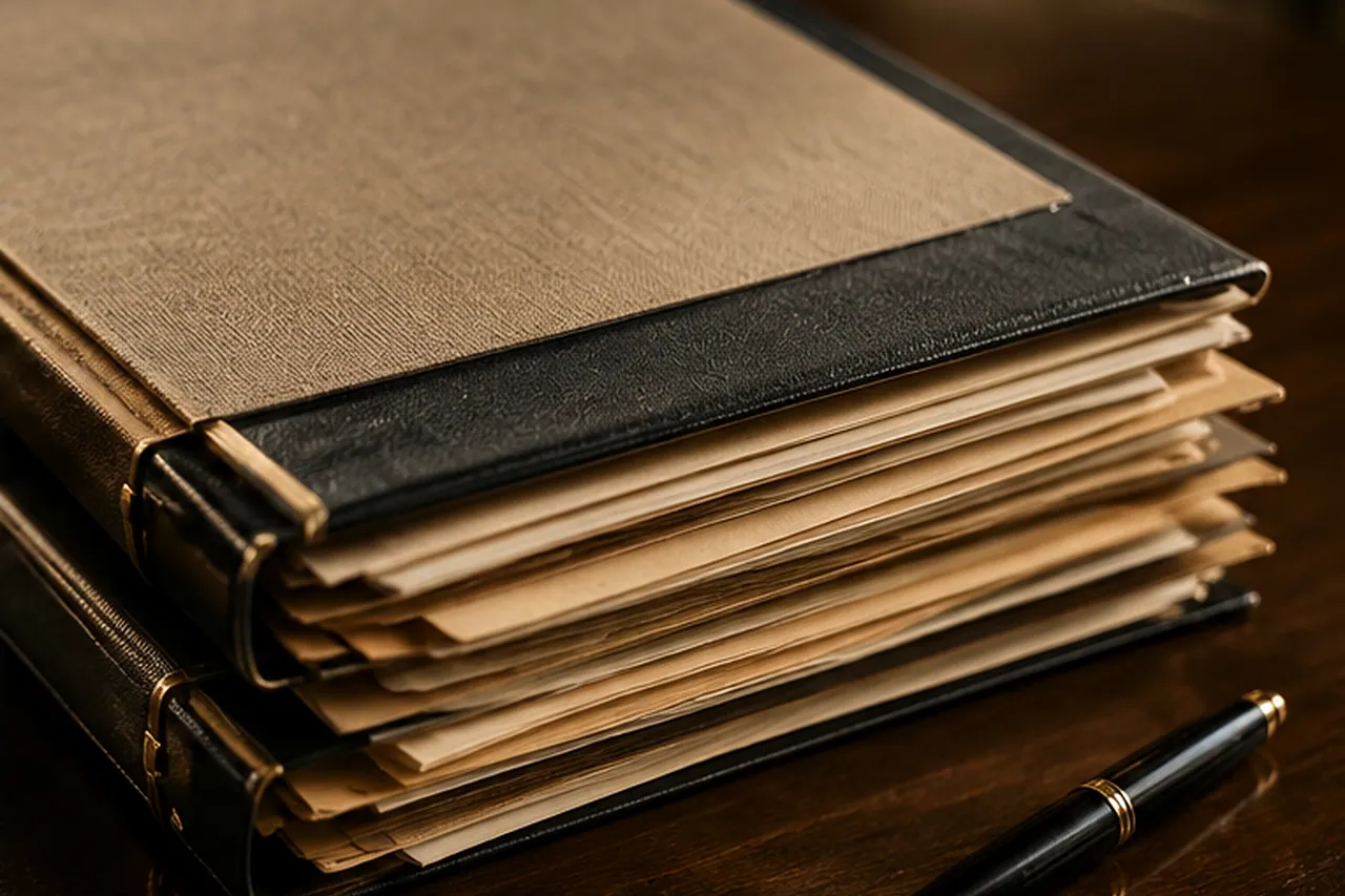A neat stack of aged leather document portfolios on a dark-wood desk