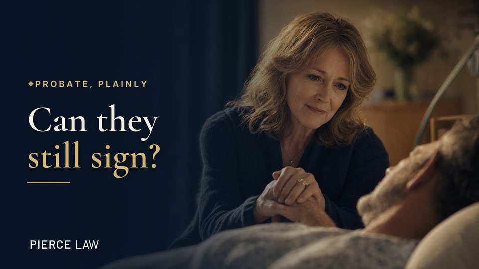 Hospital-POA longform cover — 'Can they still sign?' beside a woman with an expression of tender concern at a hospital bedside